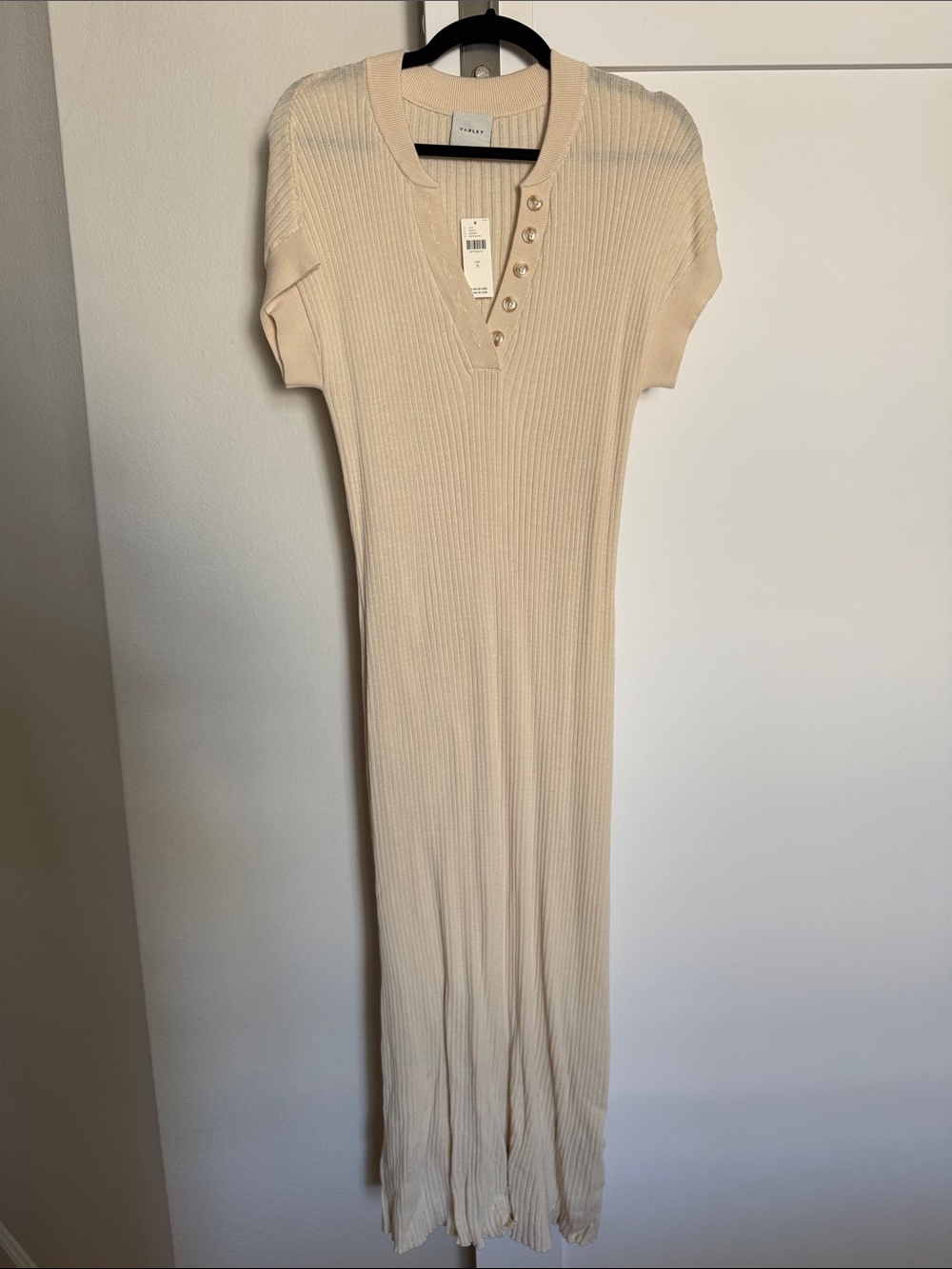 Varley Ribbed Short-Sleeve Maxi Dress in Cream